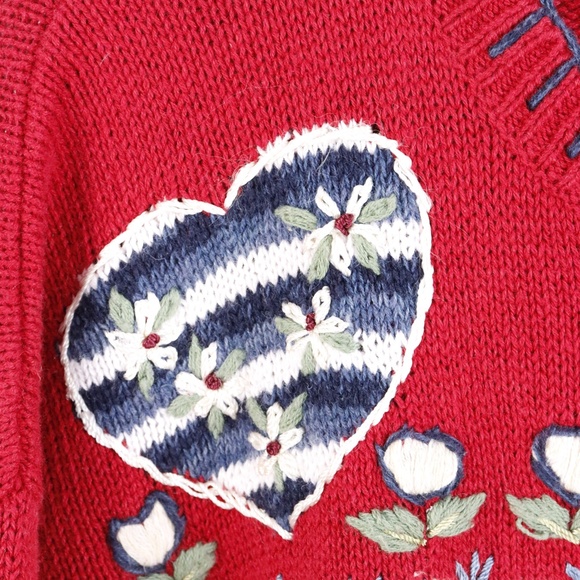 Vintage Hand Knit Sweater w/ Hearts Embroidery Valentines Day Cardigan - LARGE - Picture 13 of 16